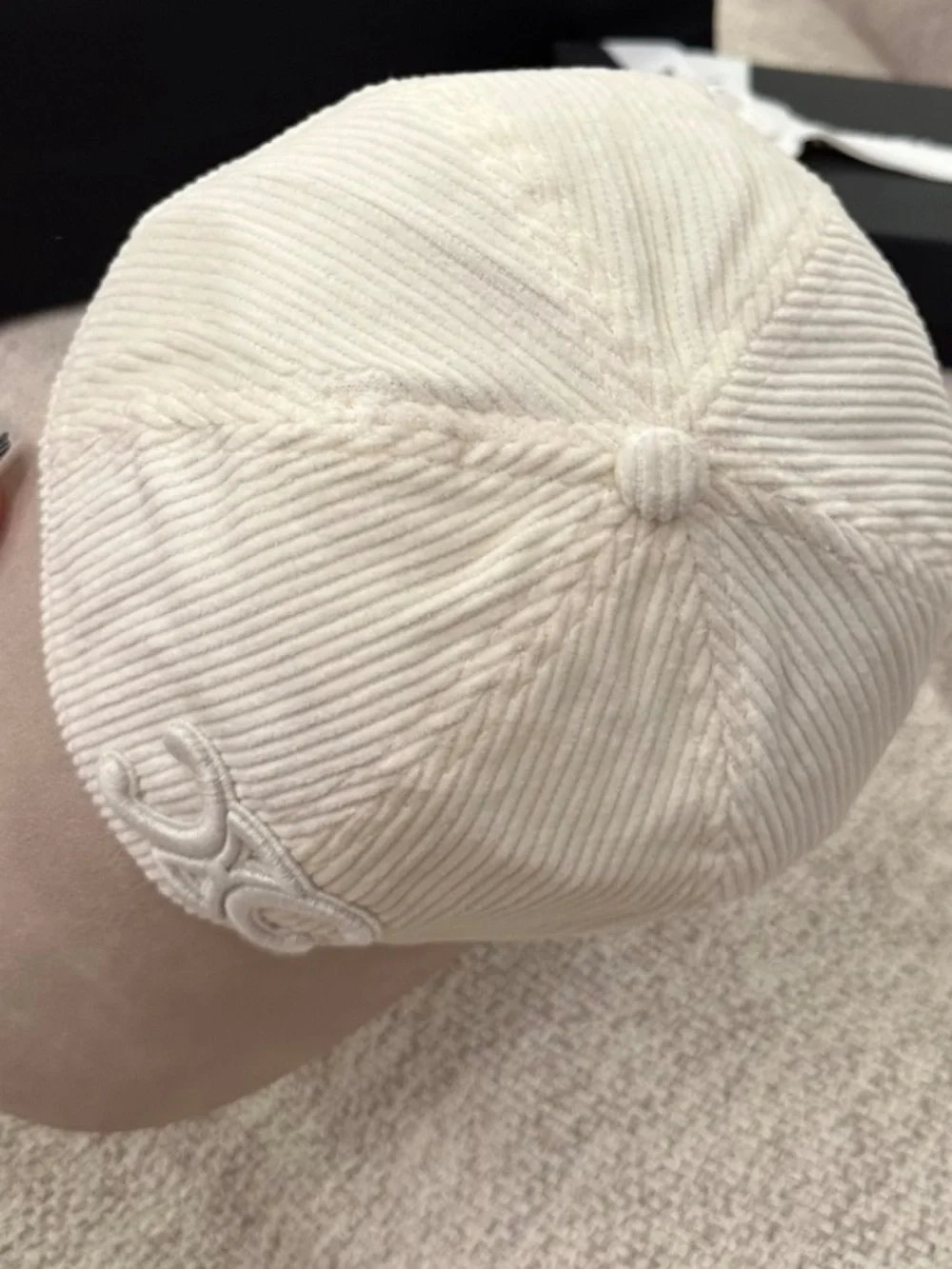 Celine. Off White Corduroy Triomphe. Baseball Hat Cap